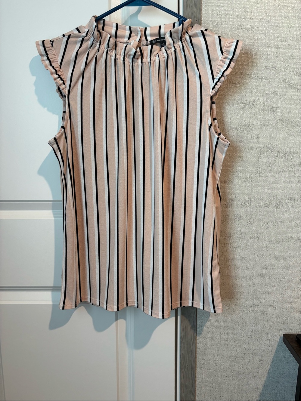 Adrianna Papell Striped Ruffle Mock Neck Sleeveless Blouse Sz M